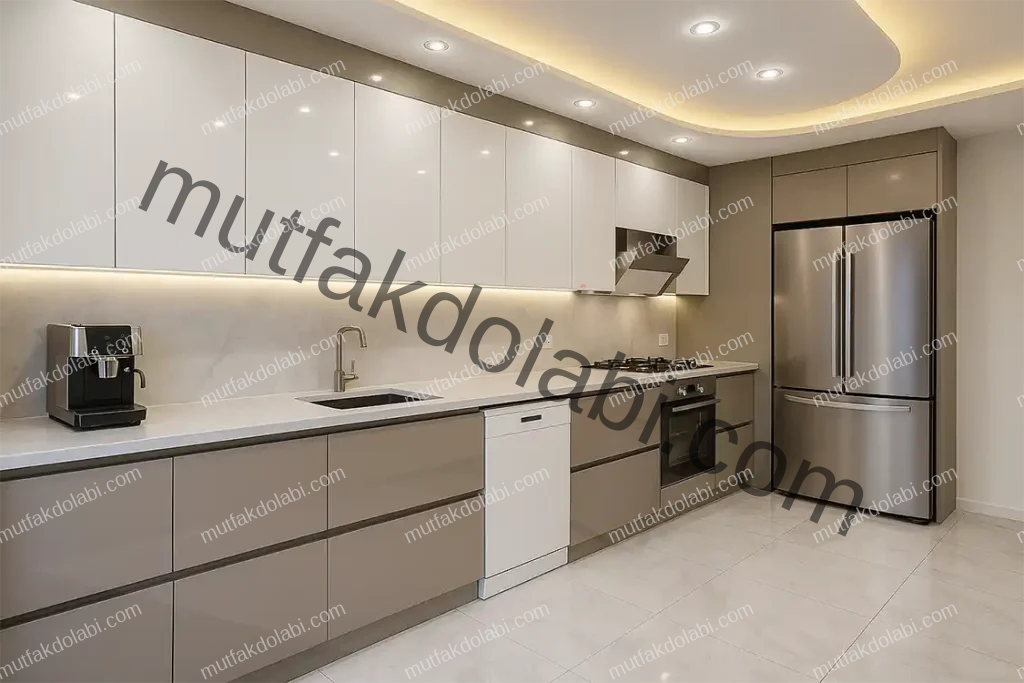 kapuçino ve beyaz renkli mutfak dolabı modeli