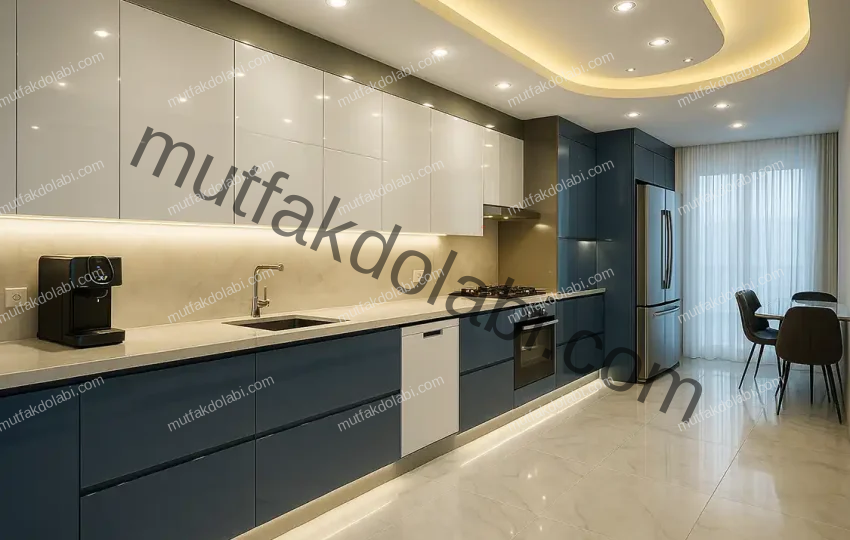 mavi lacivert beyaz mutfak dolabı