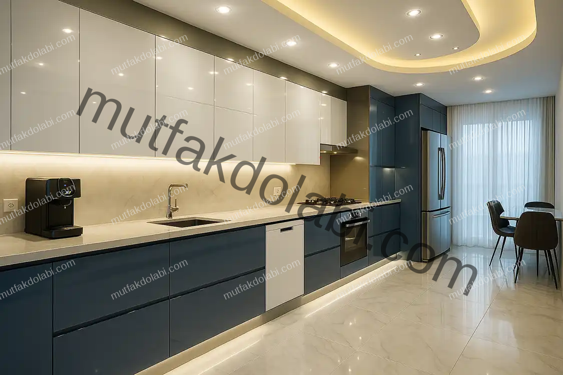 mavi lacivert beyaz mutfak dolabı